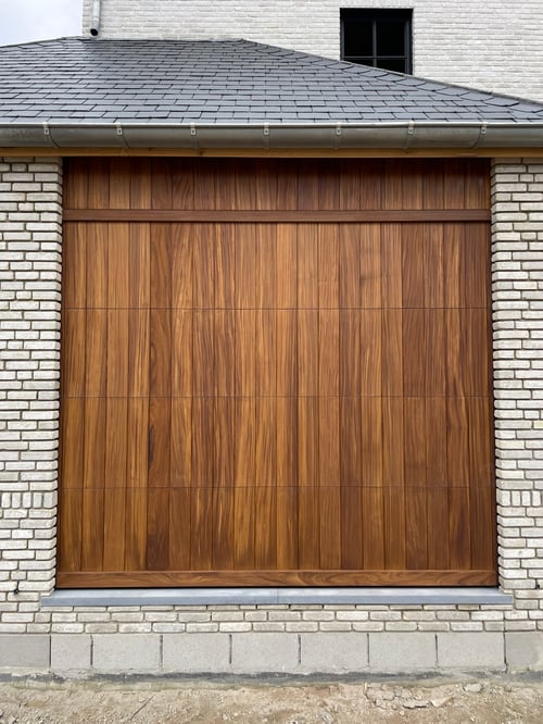 Afrormosia houten sectionale garagepoort geplaatst door schrijnwerker Bongaerts D. in Meeuwen